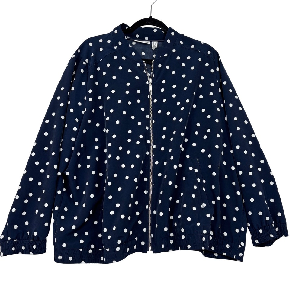 Susan Graver Polka Dot Bomber Jacket Women 2X Navy Blue Lightweight Zip Up